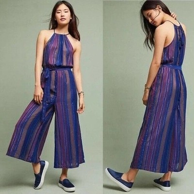 Cleobella Blue Gold Metallic Striped Lois Wide Leg Cropped Jumpsuit Size 8