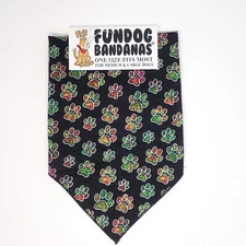 Fun Dog Bandana Black Multi Colorful PAW PRINTS 