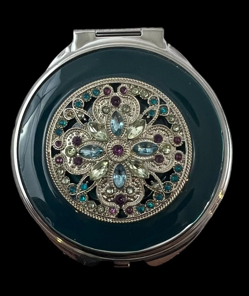 Spring Street Jeweled Rhinestone Mirror Compact Large Silver Tone - Image 2 of 4