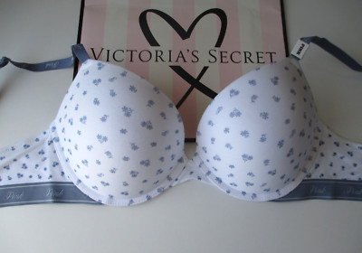 VICTORIA'S SECRET PINK Cotton Super Push-Up Bra 36D 38DD Floral Denim Blue NWT