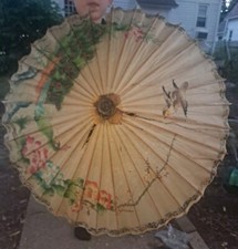 Asian Rice Paper Bamboo Parasol Umbrella Hand Painted Bird  Flowers Not Perfect