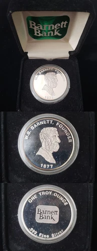 1877 Barnett Bank Founded 1 oz .999 Fine Silver Round With Box si730