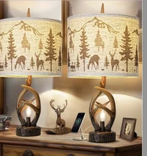 Rustic Farmhouse Antlers Table Lamp Set of 2 with Nightlight Dual USB Brown