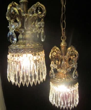 Vintage ROCOCO Double ceiling lamp chandelier spelter brass platedcrystal light