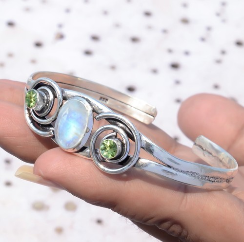Bague De Pouce En Argent 925 – Pierre De Lune Arc-en-ciel Naturelle – Fait Main – Neuf