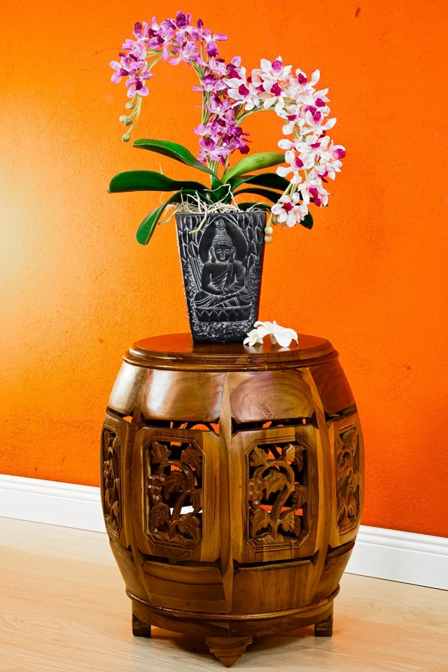 Mesa Auxiliar De Madera Redonda Con Tallado Asia China - Imagen 2 de 2