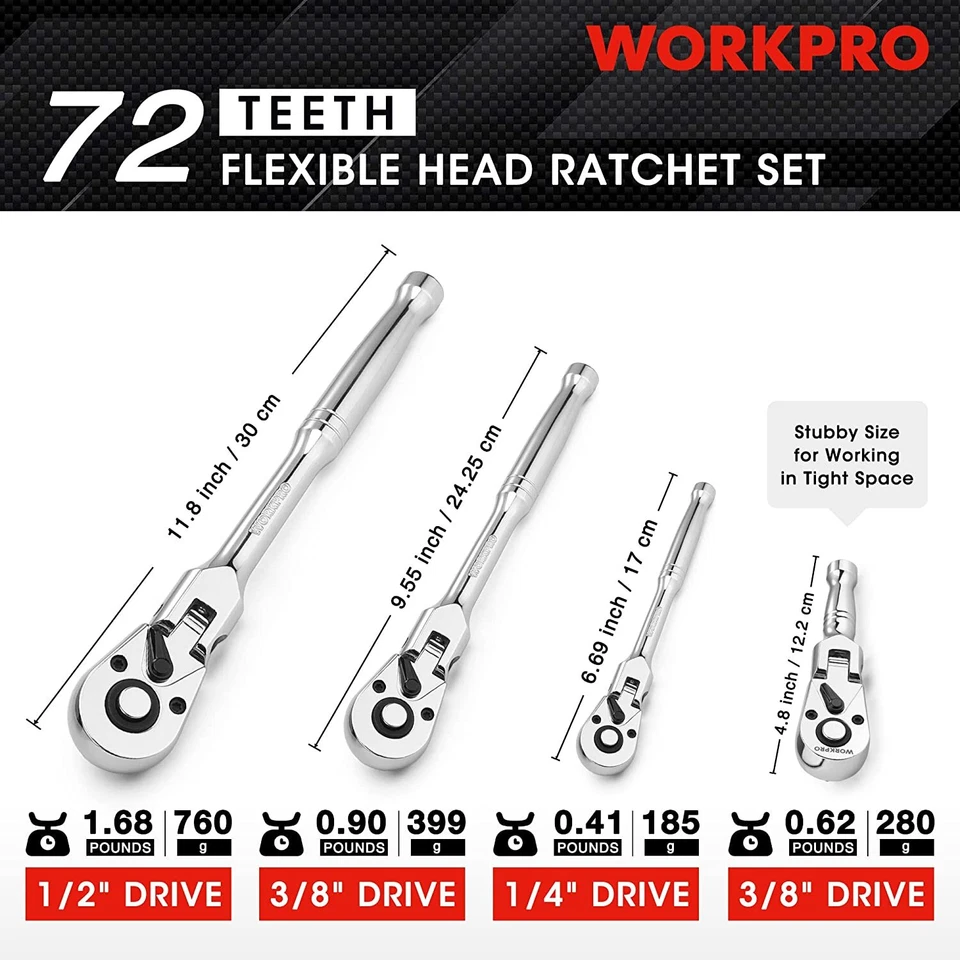 WORKPRO 1/2"/1/4''/3/8''Drive Flex Head Ratchet 72-Tooth Ratchet Alloy Steel NEW - Image 2 of 4