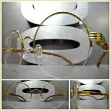 CLASSY VINTAGE RETRO Style Clear Lens EYE GLASSES Round Gold & Faux Wooden Frame
