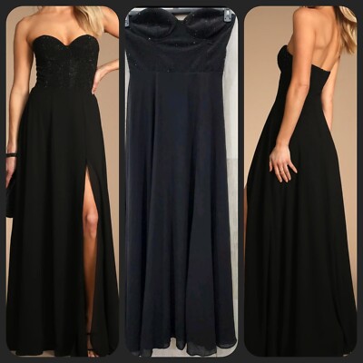 LULUS Remember This Moment Black Rhinestone Strapless Maxi Dress Size LARGE*NWOT