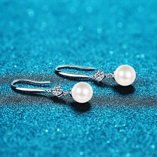9MM Genuine Freshwater White Pearl 0.6CT Moissanite Diamond Drop/Dangle Earrings - Picture 5 of 9
