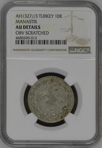 TURKEY - OTTOMAN , 10 KURUSH MOHAMED V 1327/3 AH MANASTIR - NGC AU D , RAREL