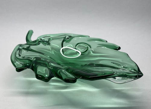 Vintage Bohemia Glass Bowl Czech Republic Candy Dish Green Leaf Floral Artglass - Picture 3 of 11
