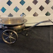 Vintage F.B. Rogers silverplate condiment wheelbarrow cart with bowl  8.25X5X4
