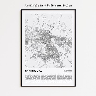 Cochabamba City Map Print, Bolivia Travel Poster, Modern Map, Wall Decor Art