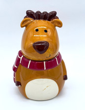 David's Cookies Hand Painted Reindeer Christmas Cookie Jar w/ Removable Lid
