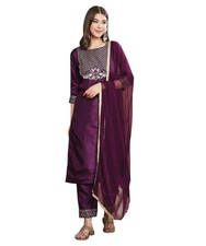 Women's Silk Blend Embroidered Kurti Set with Bottom and Chiffon Dupatta