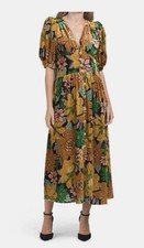 Farm Rio Garden Velvet midi Dress Size Medium Floral Earth Tones Puff Sleeve