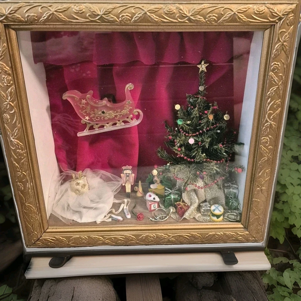 VTG Christmas Shadow Box   Handmade Diorama 11x11x4, Ballet, Tree, Sleigh, Gifts - Image 4 of 4