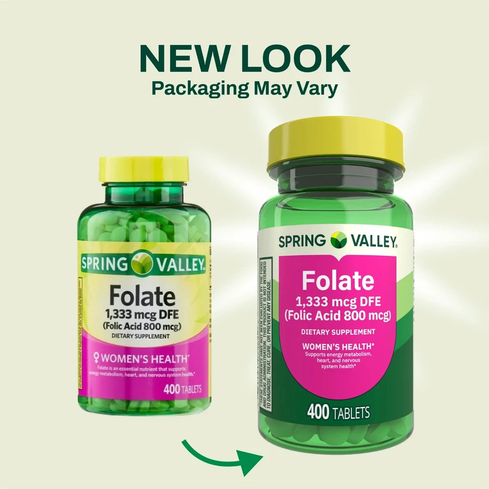 Spring Valley Folato 1.333 mcg DFE Ácido fólico 800 mcg 400-CUENTA ENVÍO EL MISMO DÍA Foto 2 de 4