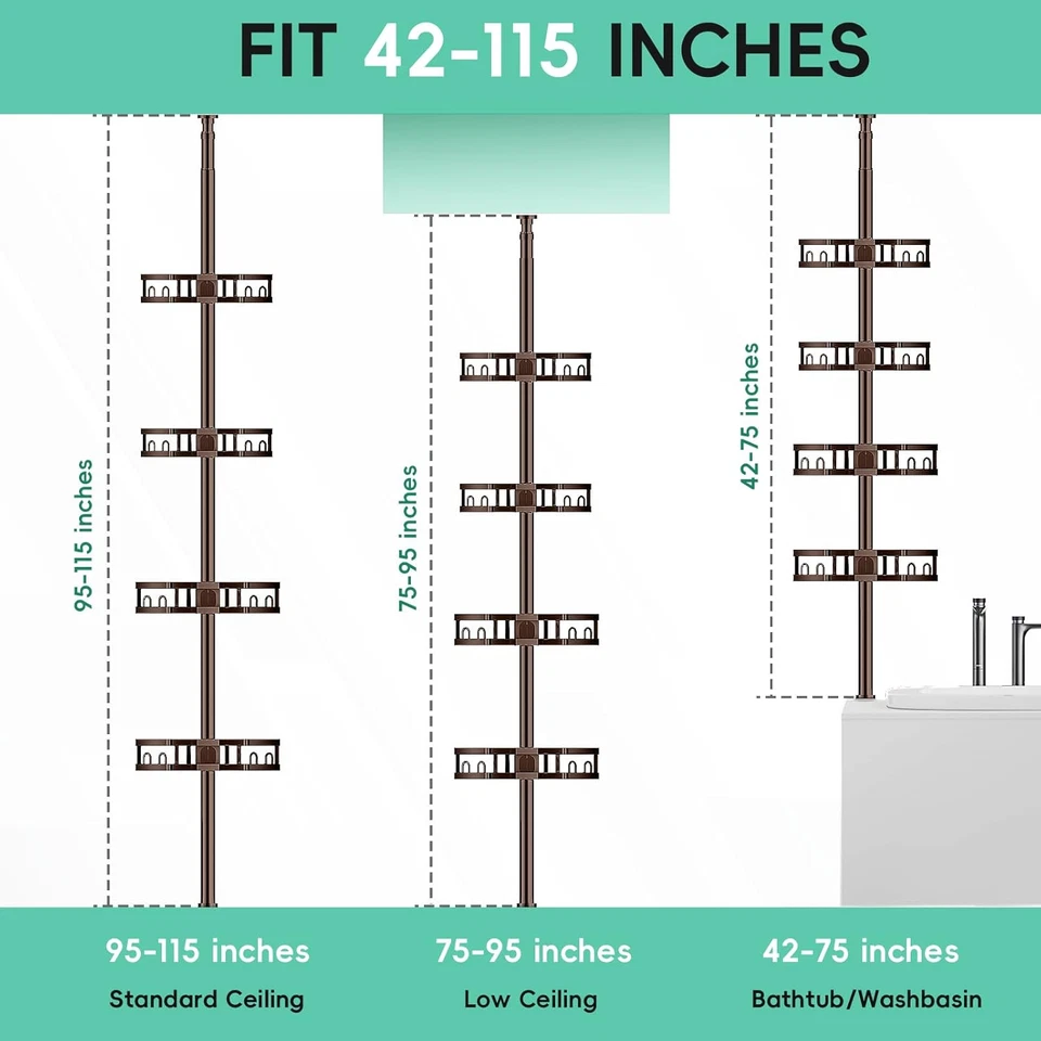Pólo de tensão de canto chuveiro caddy, 4 camadas organizador de chuveiro ajustável canto 62-1 - Imagem 2 de 4