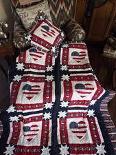 Vintage Americana 52"x60" Quilt 2 Pillows - Patriotic Stars Striped Hearts