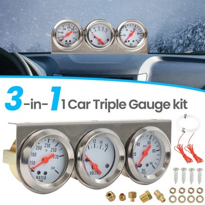 3 in 1 52mm 2'' Car Triple Gauge Kit Water Temp Oil Pressure Volt Meter Chrome