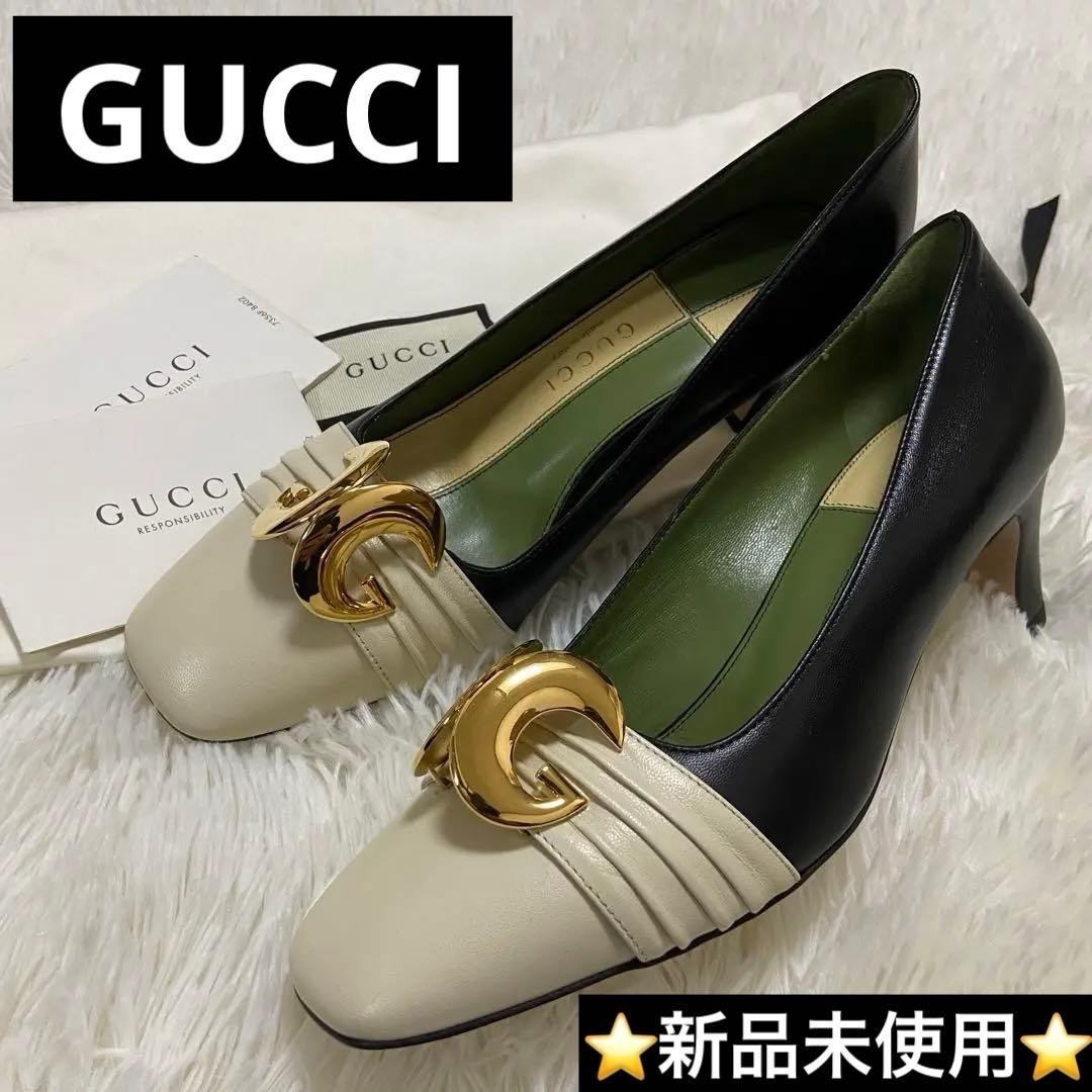 Auth Gucci GG Pumps Leather Bicolor White Black Logo Heel EU36 US6 UK3