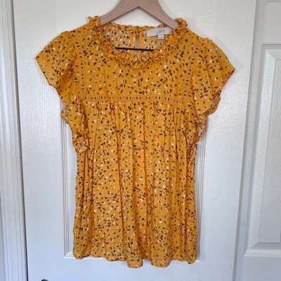 Loft Floral Flutter Short Sleeve Flowy Lightweight Blouse Yellow Size S
