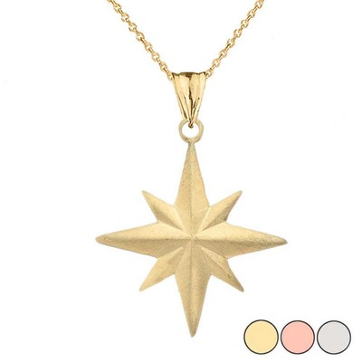 #ad Solid Gold Satin Finish Elegant North Star Pendant Necklace Yellow Rose White $369.99