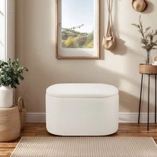 Storage Ottoman Bench Upholstered Linen Fabric Storage Bench for Bedroom White