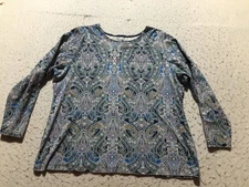 Croft & Barrow Classic Tee Shirt Plus Size 1X Blue Purple Paisley Long Sleeve