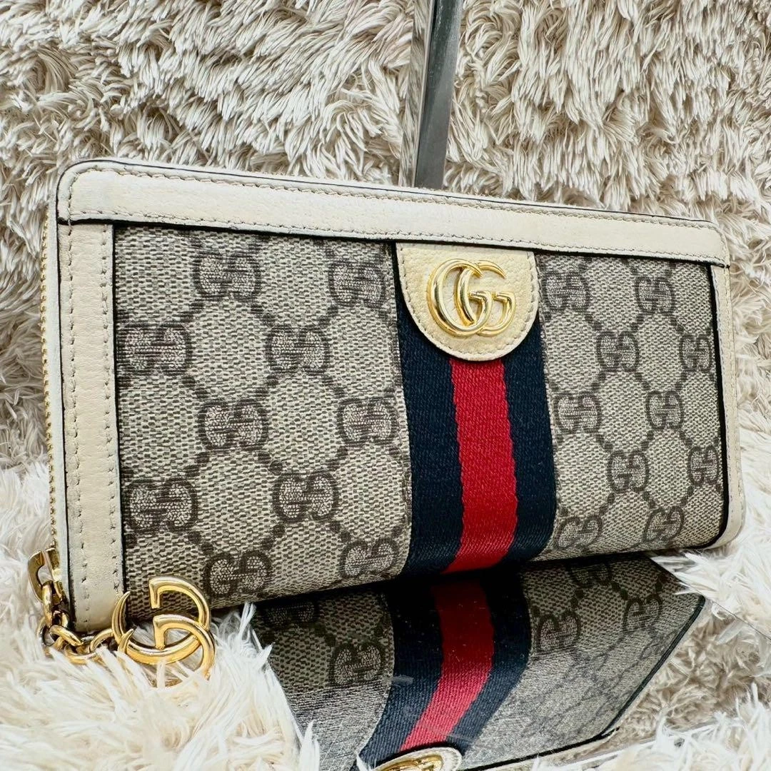 Gucci Portefeuille Long Fermeture Éclair Rond Blanc Ophidia Supreme Authentique