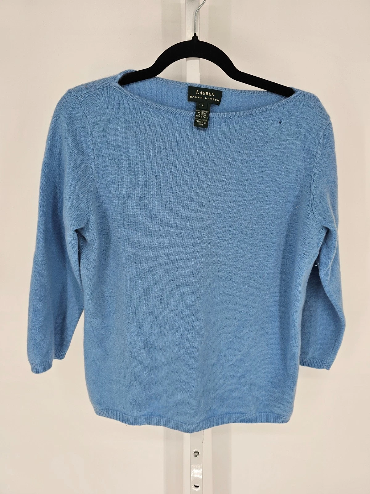 Lauren Ralph Lauren Womens Sz L 100% Cashmere 3/4 Sleeve Sweater Light Blue