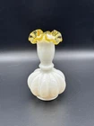 Vintage Fenton Art Glass Gold Crest Ruffled Milk Glass Melon Vase 5 1/2” Tall