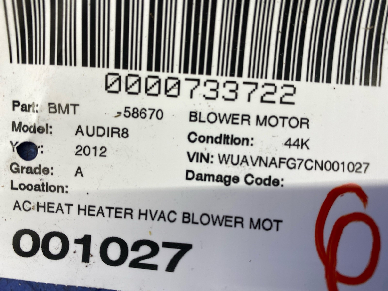 2008-2015 Audi R8 v10 Oem A/C heat heater blower motor fan assembly 4f0820155f