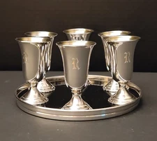 Vtg Sterling Silver Cordial Cups Shot Glass & Sterling Rim Tray Set -Mid Century