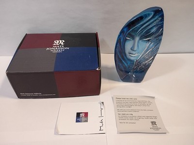 Vintage Mats Jonasson Sweden Crystal Glass Blue Noviata Sculpture Art paperweigt
