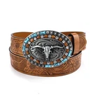 PU Leather Buckle Belt Bull Pattern Waist Belt Mens Western Cowboy Belt  Mens