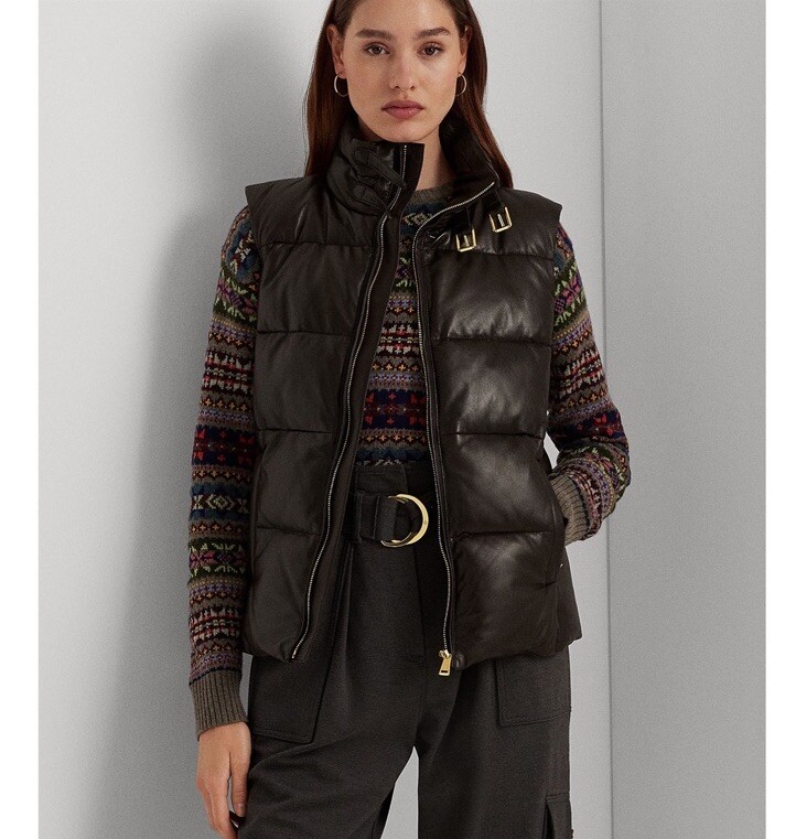 高級感【LAUREN Ralph Lauren】Quilted Lambskin Puffer Vest LAUREN RALPH LAUREN Women's Quilted Lambskin Leather Puffer