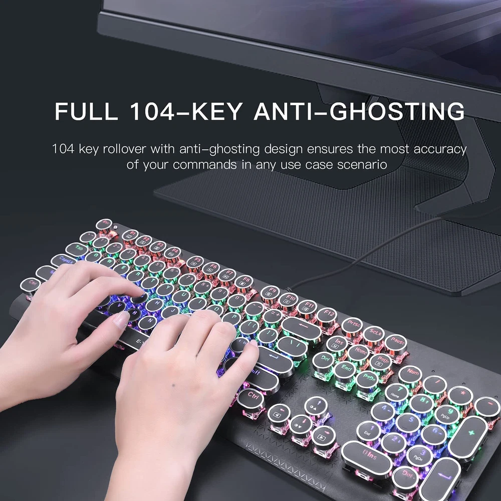 Wired Blue Switch Mechanical Keyboard with Retro Typewriter Backlit 104 Keys