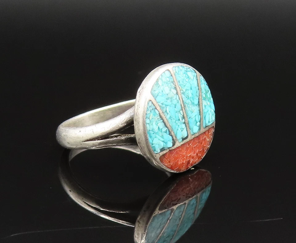 SOUTHWESTERN 925 Silver Vintage Turquoise & Coral Paw Ring Sz 5.5 RG25676 - Image 4 of 4