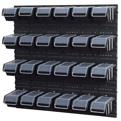 Stapelboxen Set 4 x Wandregal Lagersystem + 24 Boxen in schwarz