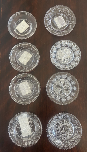 ANTIQUE SANDWICH GLASS CUP PLATES VARIOUS PATTERNS 3.5 INCHES- 8 TOTAL