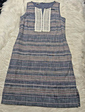 Talbots Dress Linen Blend 6P Blue White Stripe Crochet Trim Sleeveless III-10