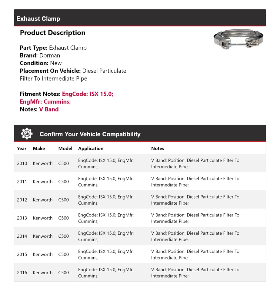 Abrazadera de escape para Kenworth C500 Dorman 2010-2016 2011 2012 2013 2014 2015 Foto 2 de 4