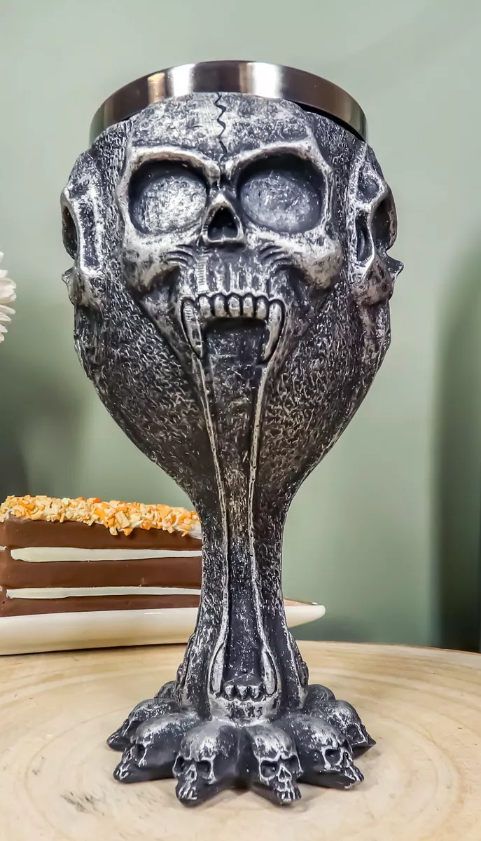 Metallic Silent Screaming Distorted Skull Face Tall Wine Drink Goblet Chalice