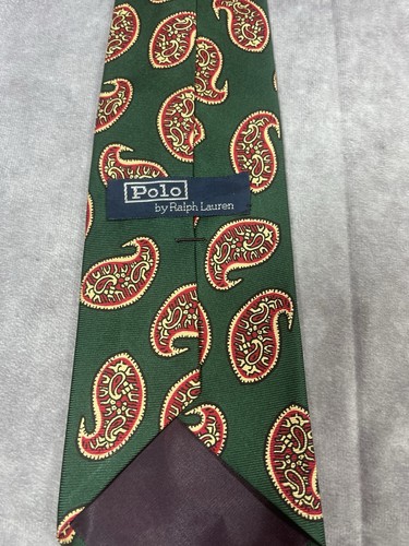 VTG Polo by Ralph Lauren Neck Tie Green Red Paisley 100% Silk Hand Made in USA - Picture 2 of 5