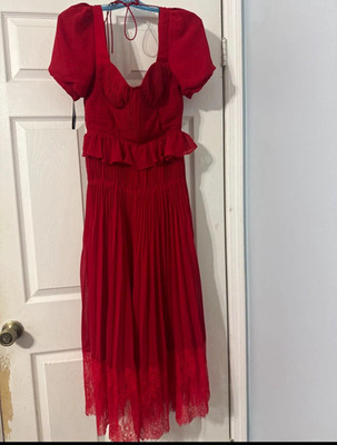 self-portrait Red Pleated Midi Fit & Flare Dress Puff Sleeves V-Neck Lace 4