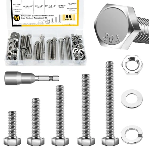 3/8 Inch Bolt and Nut Assortment Kit 304 Stainless Steel 85 PCS - product listing photo