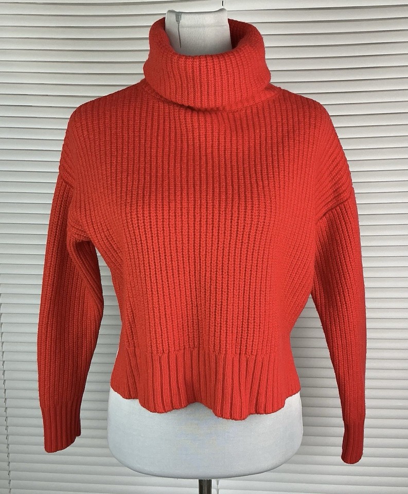 Gorman 100% Merino Wool Rib Knit Jumper Red Orange Roll Neck Womens M